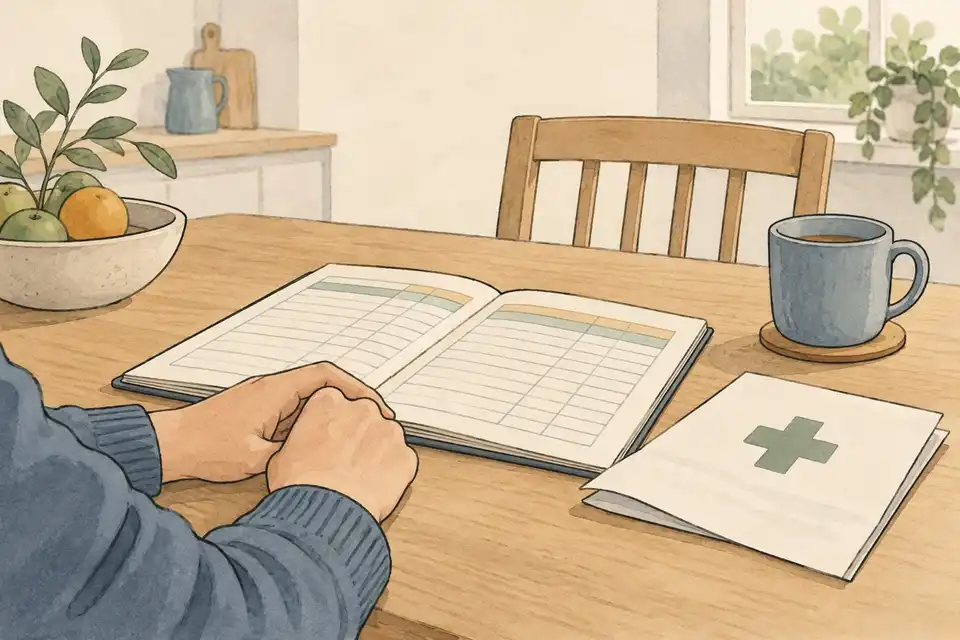 Illustration of hands beside an open household budget ledger and a folded health document on a kitchen table.