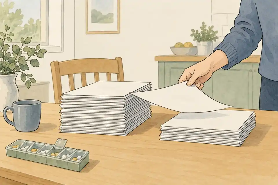 Illustration of a hand moving a document between two stacks of plan papers beside a pill organiser on a kitchen table.
