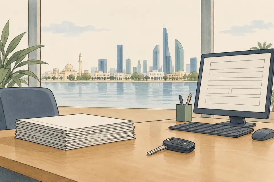 Illustration of an office counter with a set-aside stack of paper forms, a computer terminal and a car key, with a Gulf skyline through the window.