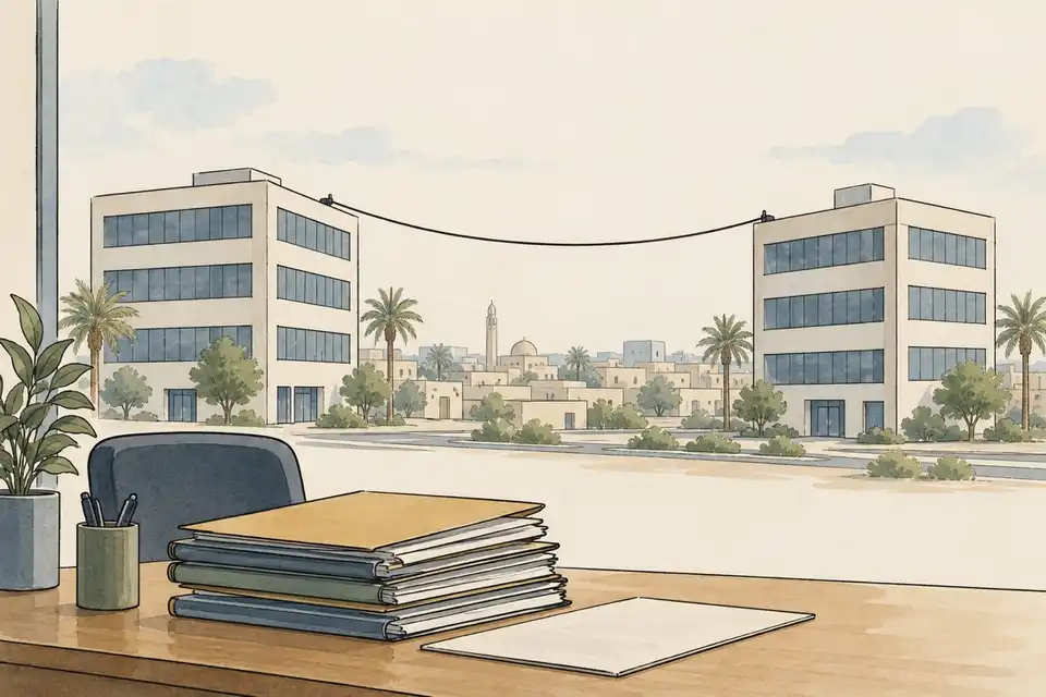 Illustration of two office buildings in a Gulf city linked by a cable, with a stack of folders on a desk in front.