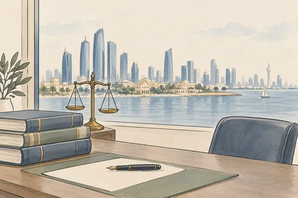 Illustration of legal files and a balance scale on a desk in front of a window overlooking a Gulf city skyline by the sea.