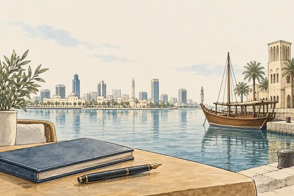 Illustration of a ledger on a waterfront table with a moored dhow and a Gulf skyline behind.
