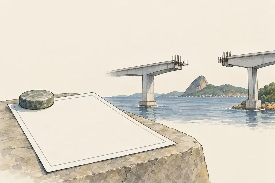 Illustration of a blank document held by a paperweight beside an unfinished bridge and coastal hills.