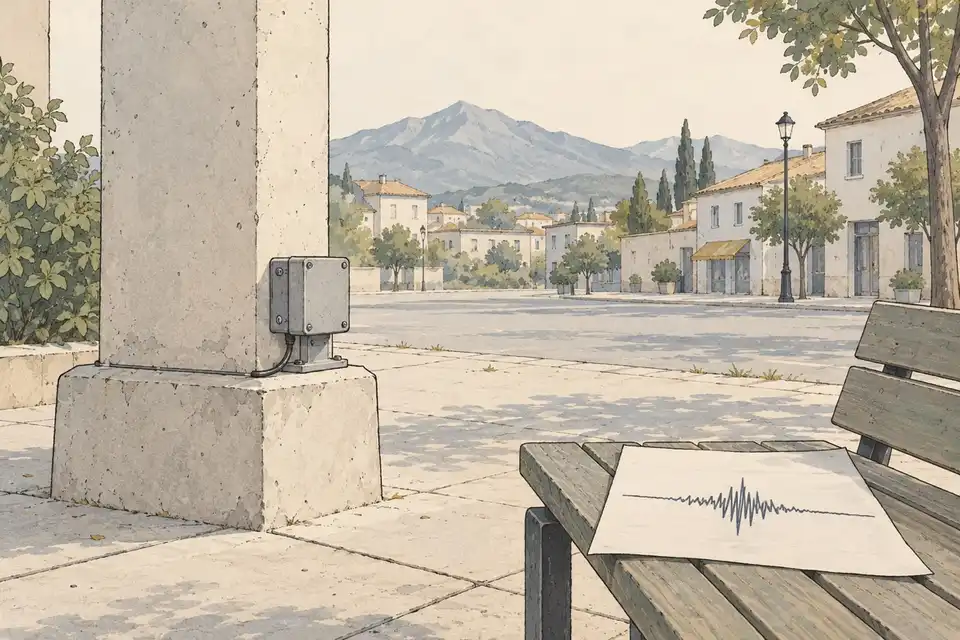 Illustration of a small sensor box on a concrete column in a quiet street, with mountains behind and a paper showing a plain wavy line.