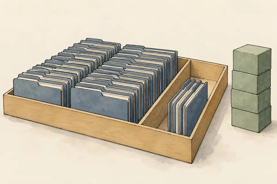 Illustration of blank folders divided between a large tray compartment and a small compartment beside a stack of blocks.