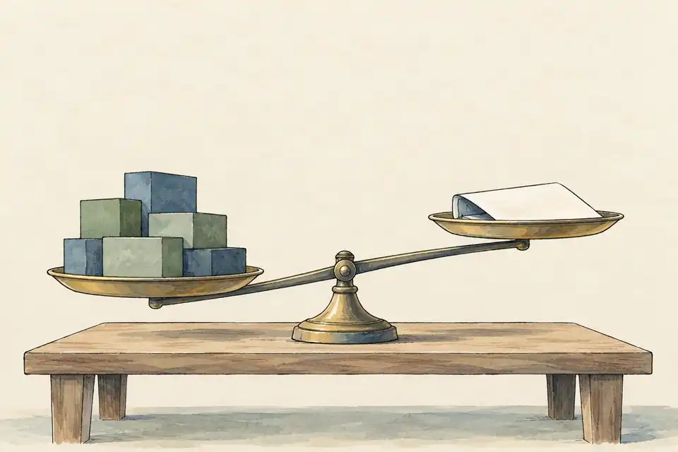 Illustration of a balance on a low table with coloured blocks weighing down one pan and a blank folded document on the other.