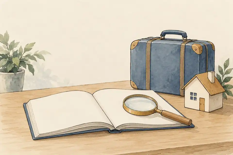 Illustration of a policy booklet with a magnifying glass, a suitcase and a small model house on a desk.