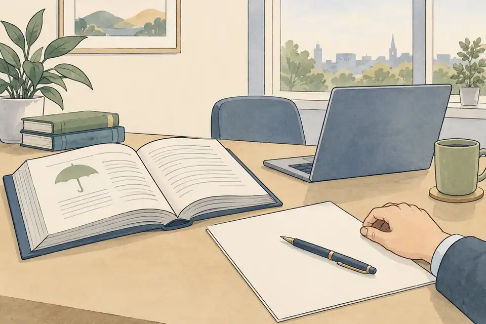 Illustration of an open handbook, a laptop and a blank application form on a desk, with a hand resting nearby.