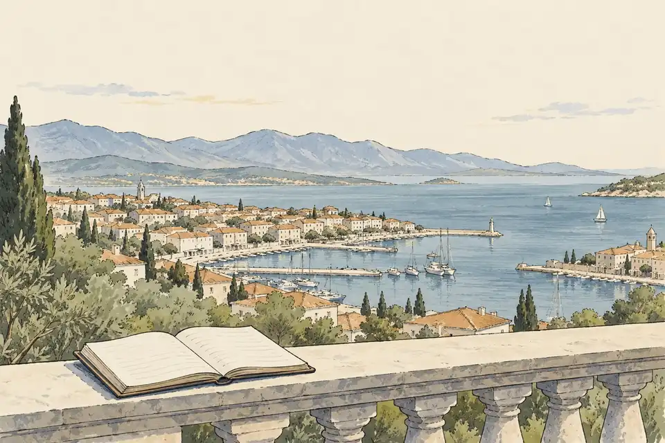 Illustration of an open ledger on a stone balustrade overlooking a calm coastal city.