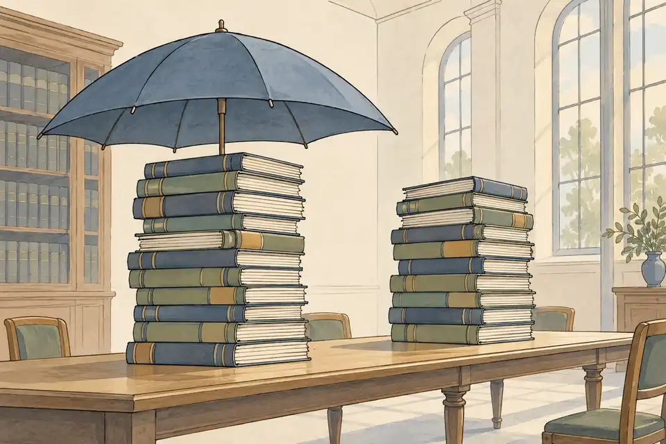Illustration of stacks of ledgers in an archive room under a simple protective canopy.