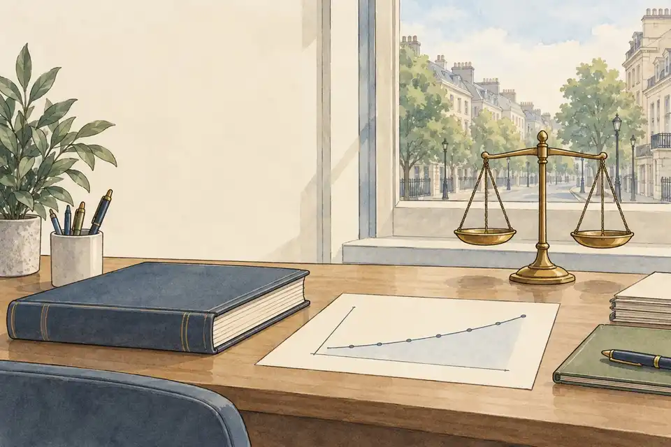Illustration of an underwriting desk with a ledger, a rising line chart and balanced scales.