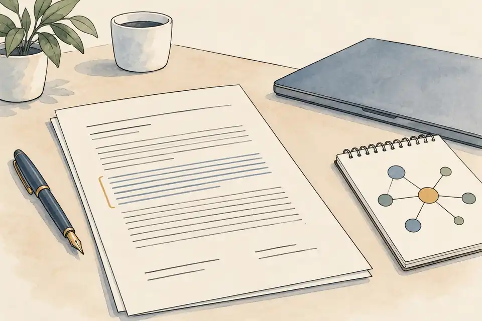 Illustration of a policy document with a marked paragraph beside a laptop and a notepad showing connected nodes.