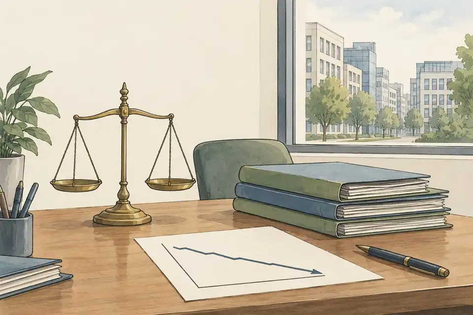 Illustration of balance scales and policy folders on a desk beside a sheet with a downward line, with a commercial district seen through a window.