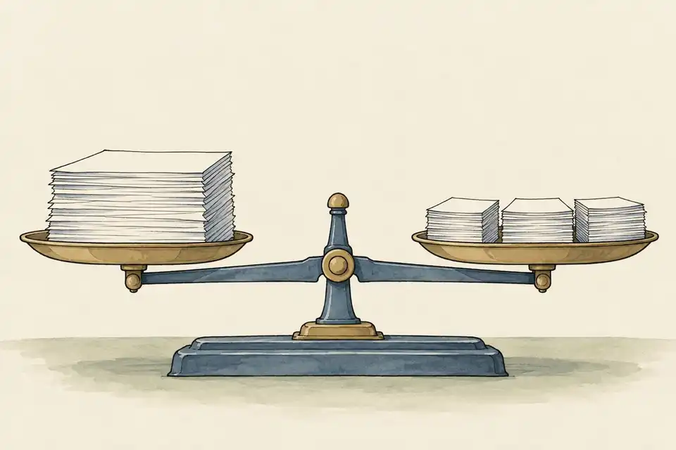 Illustration of a balance scale holding one large stack of blank papers opposite three smaller stacks.