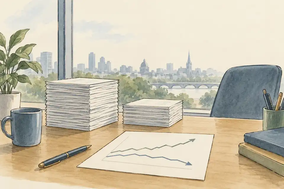 Illustration of a broker's desk with two stacks of documents and a paper line chart in which one line rises and another dips.