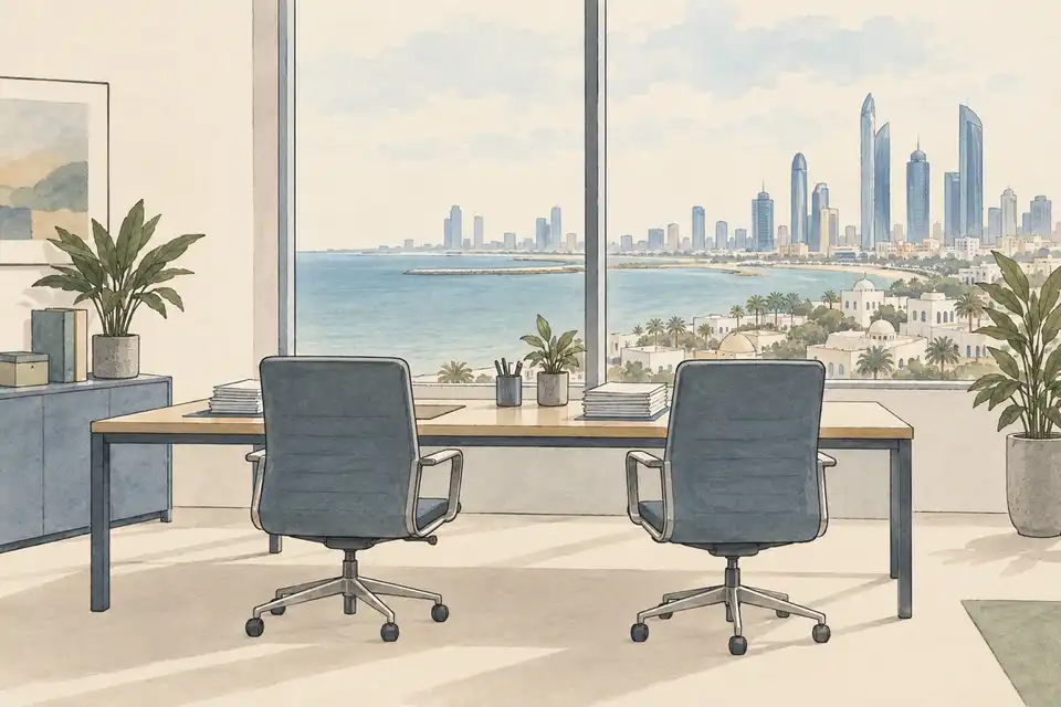 Illustration of two empty chairs at a shared desk in an office overlooking a Gulf city skyline by the sea.