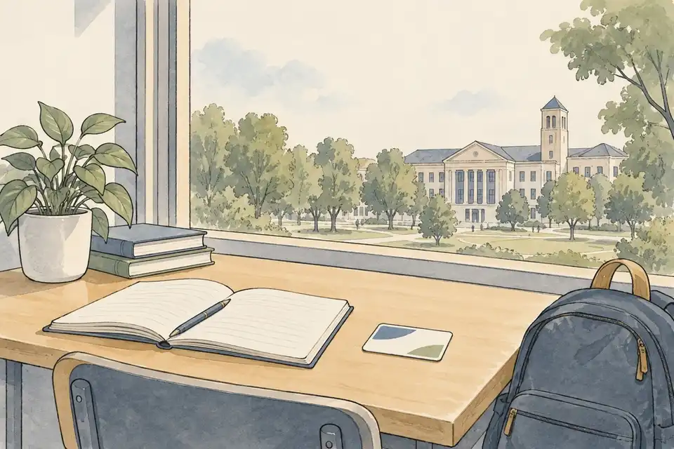Illustration of a student's desk with a notebook, a blank insurance card and a backpack by a window.