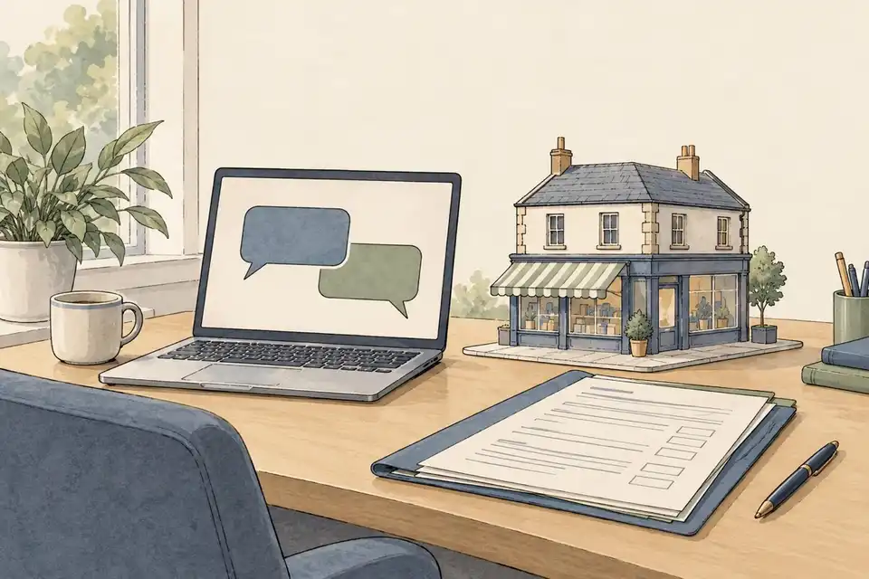 Illustration of a desk with an open laptop showing blank chat bubbles, a small model shop and a folder of forms.