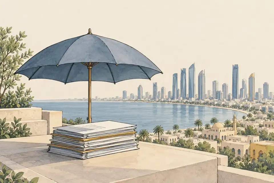 Illustration of an open umbrella sheltering a stack of documents on a terrace above a Gulf skyline.