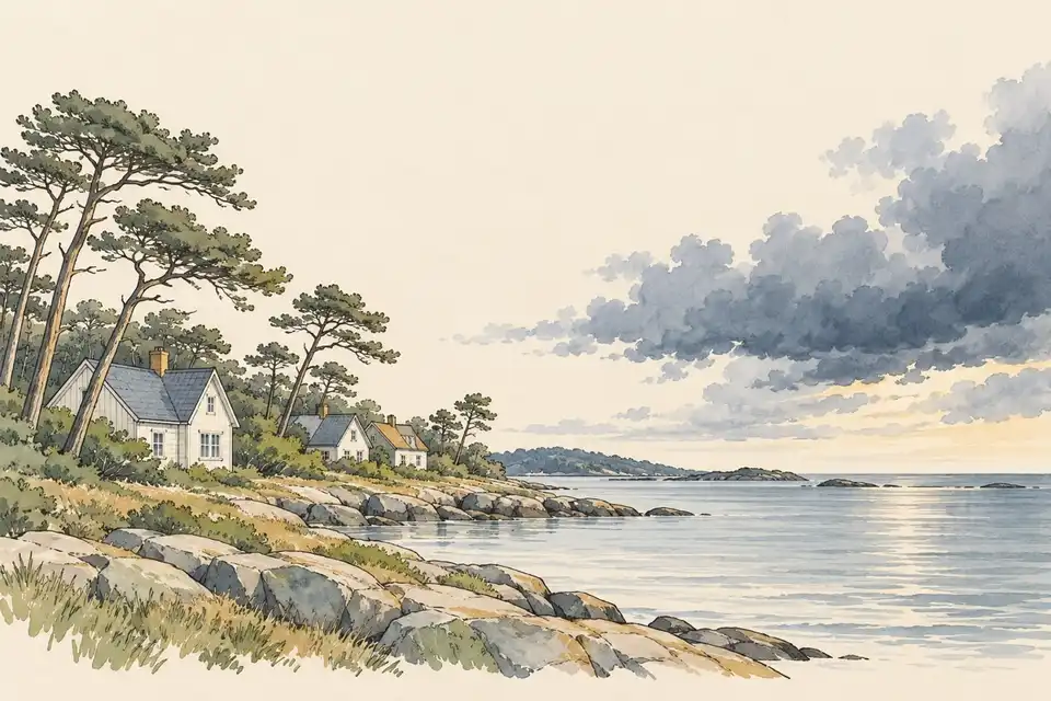 Illustration of coastal houses and pine trees as storm clouds move away over the sea.