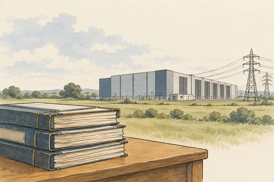 Illustration of a stack of ledgers on a desk in front of a plain data centre building connected to power lines.