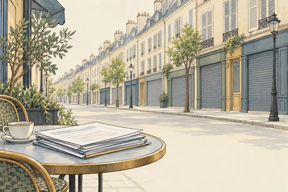 Illustration of shuttered shopfronts along a city street with a stack of claim forms on a café table in the foreground.