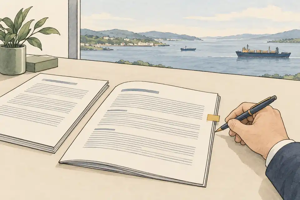 Illustration of two copies of a contract on a desk, with a hand marking one passage with a small coloured tab.