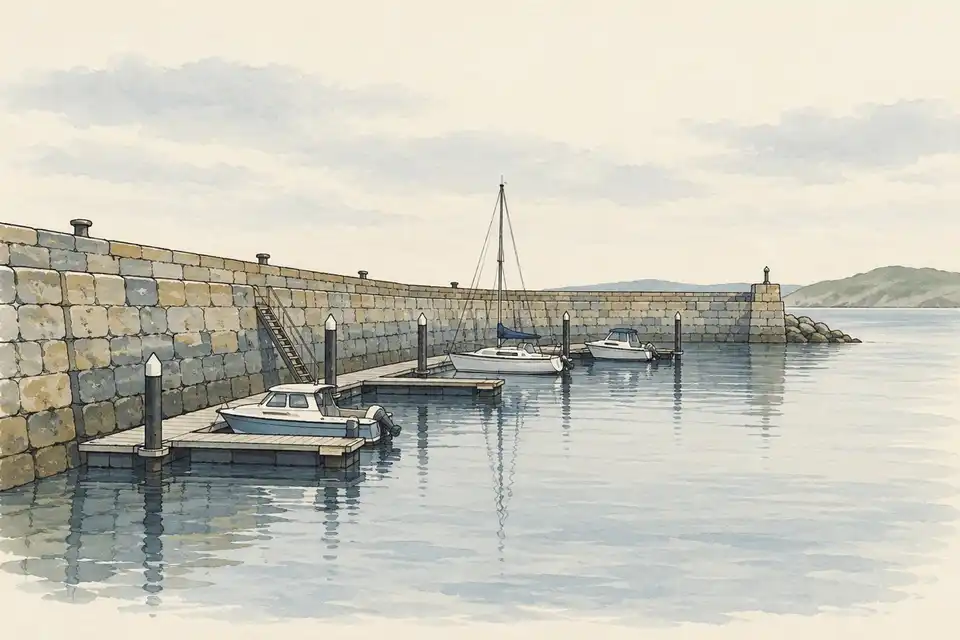 Illustration of a solid stone harbour wall with smaller floating pontoons moored beside it on calm water.