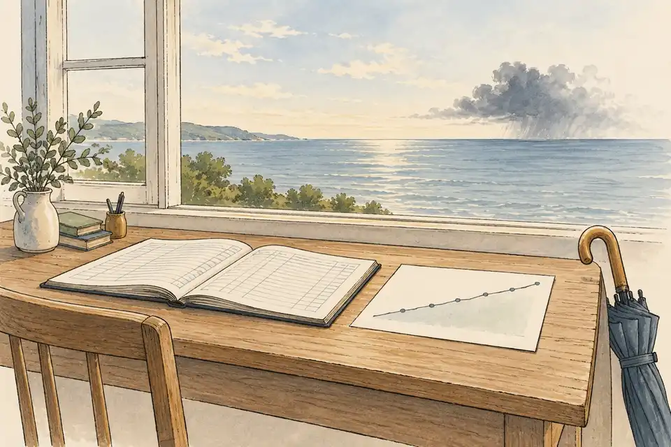Illustration of an open ledger and a gently rising line chart on a desk, with a calm sea and a fading storm cloud seen through the window.