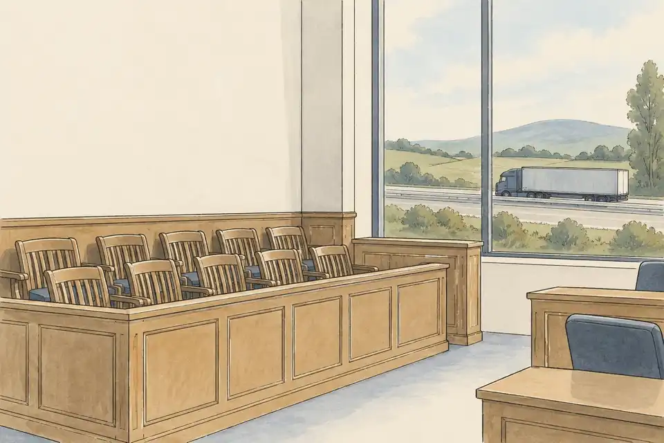 Illustration of an empty courtroom jury box with a long truck on a highway visible through the window.