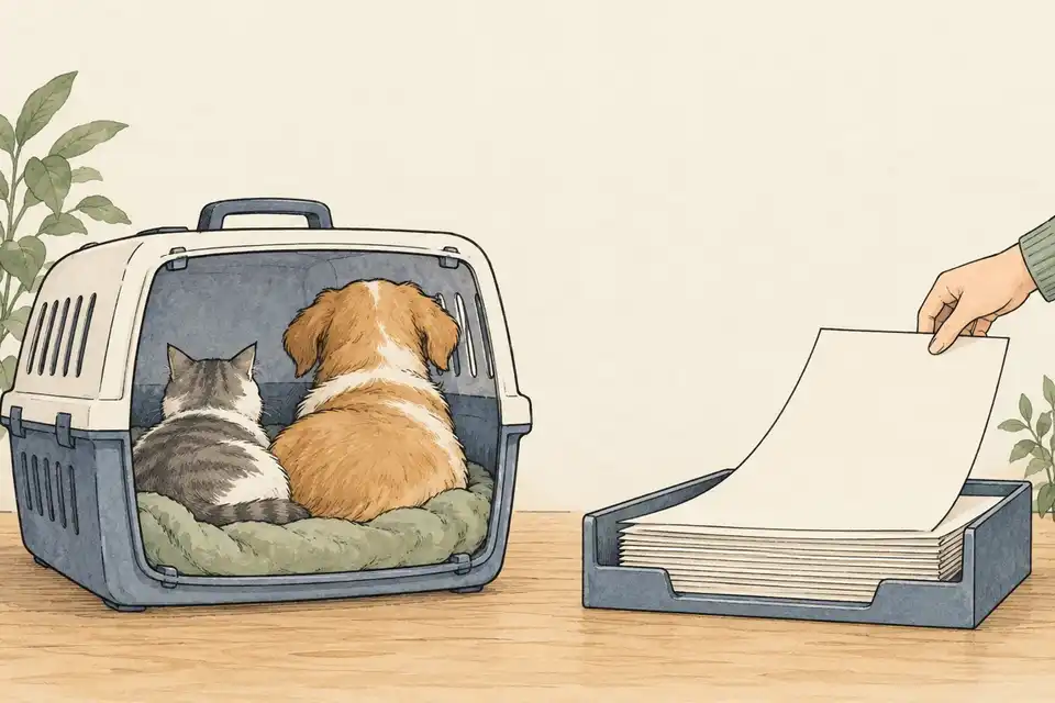 Illustration of a cat and dog seen from behind in a pet carrier beside a hand lifting a blank sheet from a document tray.