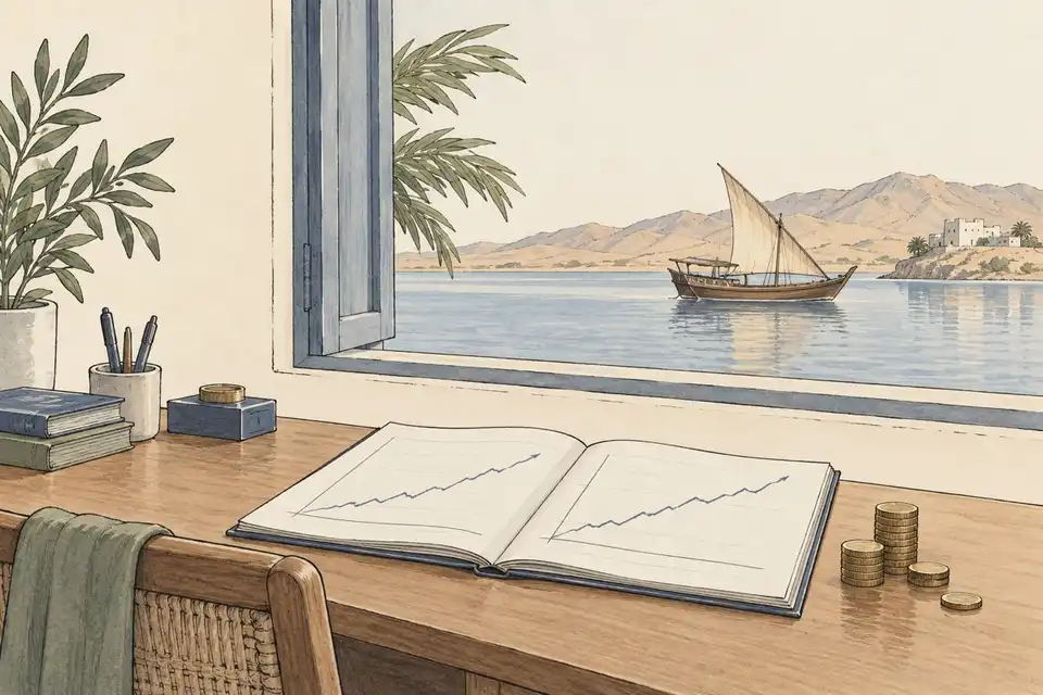 Illustration of an open ledger with rising line charts on a desk overlooking a calm harbour with a wooden dhow.