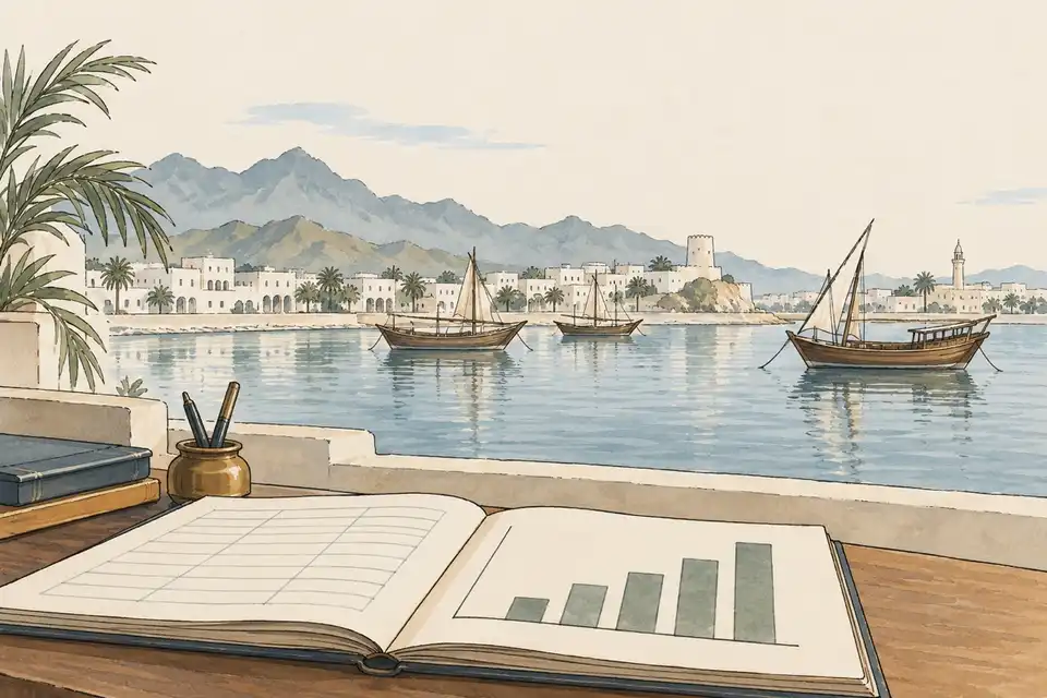 Illustration of a quiet Gulf harbour with dhows and low buildings behind a desk holding an open ledger with a simple bar chart.