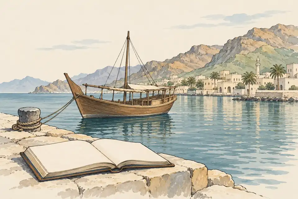 Illustration of a wooden dhow in a quiet harbour below rocky hills, with an open ledger on the quay.