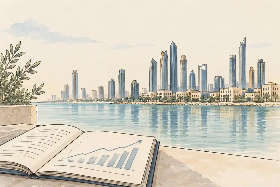 Illustration of an open ledger and a rising line chart on a table in front of a Gulf waterfront skyline.