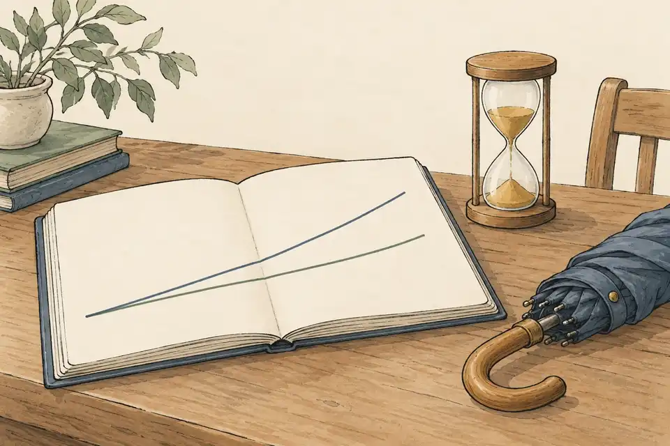 Illustration of an open ledger with two diverging lines beside an hourglass and a folded umbrella on a desk.