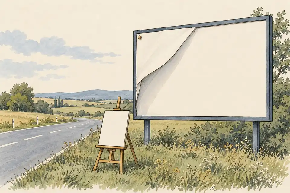 Illustration of a blank roadside billboard partly covered by a pinned sheet of paper, with an easel and empty canvas on the grass in front.