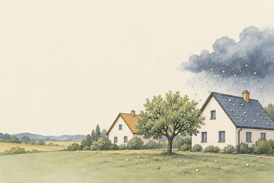 Illustration of two European houses beside an orchard tree, with hailstones on the roof and ground beneath a storm cloud.