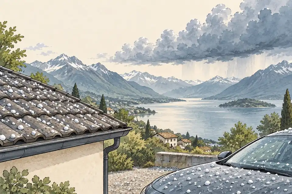 Illustration of a lake valley under passing storm clouds, with hailstones lying on a roof and a car bonnet.