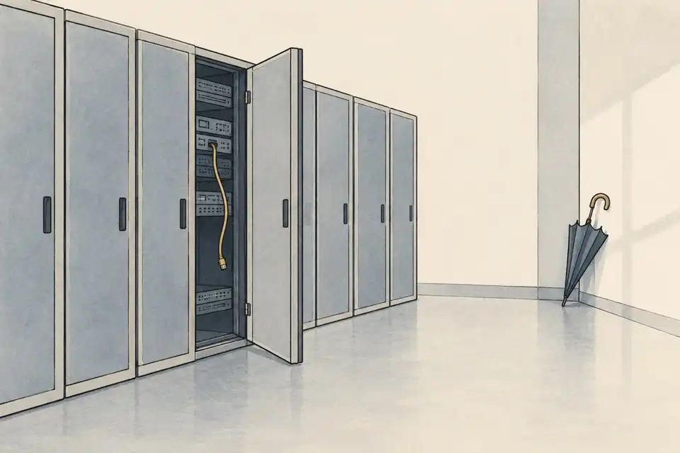 Illustration of a quiet server room with one open cabinet, a loose cable and an umbrella against the wall.