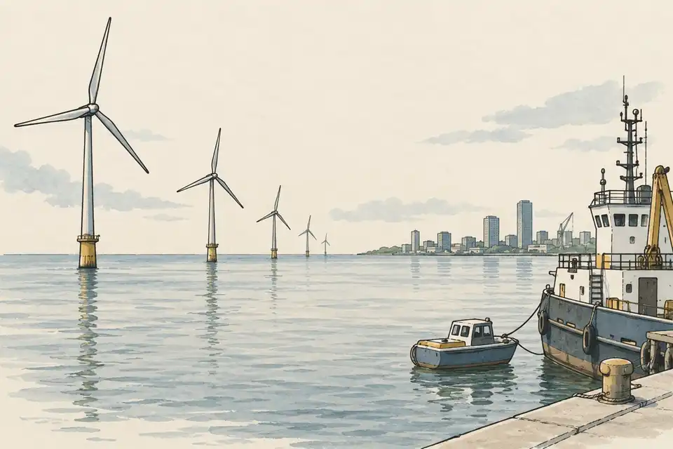 Illustration of offshore wind turbines in a calm sea with a distant harbour waterfront and a small boat moored beside a larger vessel.