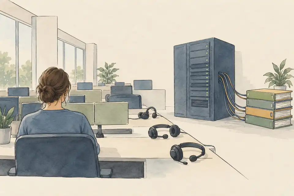 Illustration of a service desk with unused headsets, a server cabinet and a stack of policy folders linked by cables.