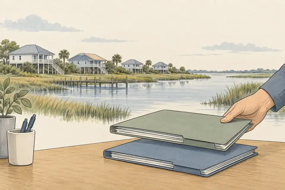 Illustration of raised coastal houses near a bayou, with a hand joining two folders on a desk in front.