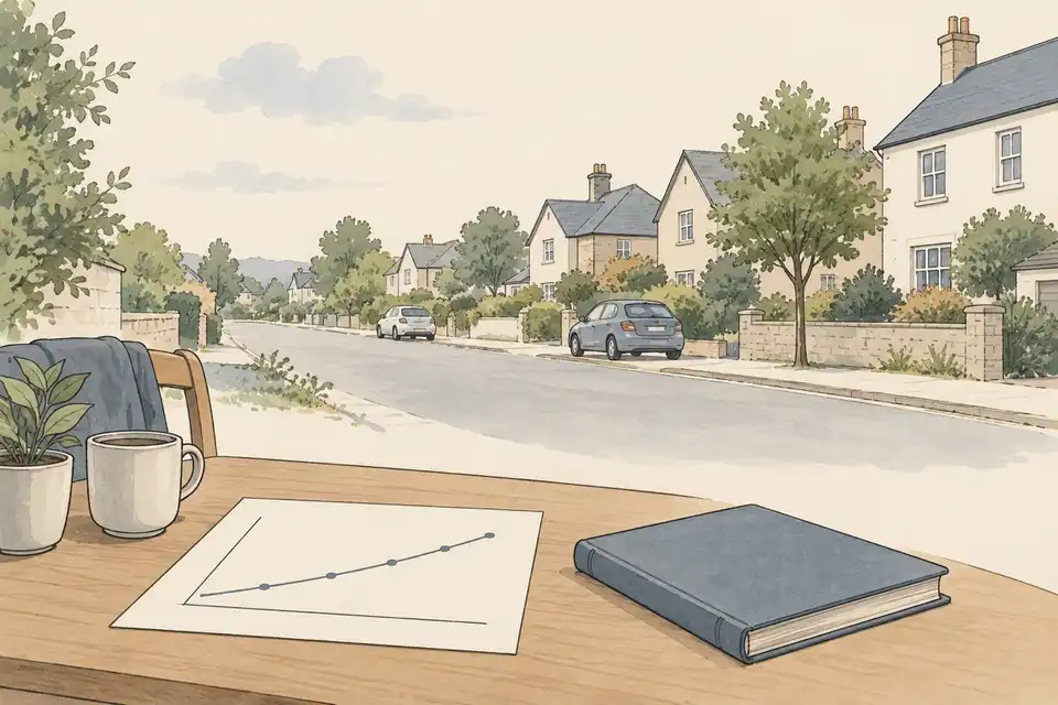 Illustration of a suburban road with parked cars and houses, and a desk with a rising line chart and a ledger in front.