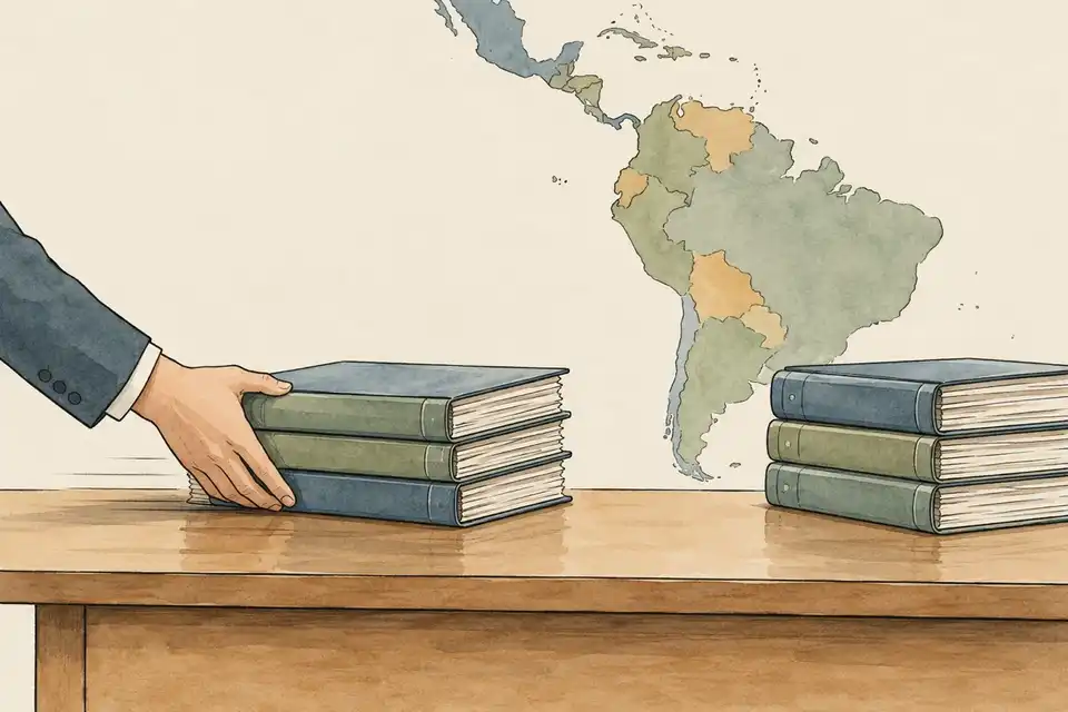 Illustration of a hand sliding a stack of ledgers across a desk in front of an outline map of the Americas.