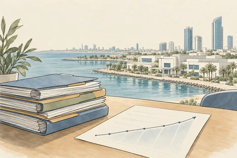 Illustration of a desk with stacked claim folders and a simple line chart in front of a calm Gulf city skyline.