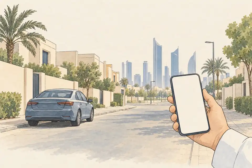 Illustration of a parked car on a Gulf city street with a hand holding a smartphone in the foreground.