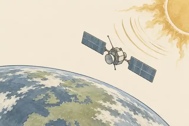 Illustration of a satellite above the curved Earth with lines suggesting an approaching space weather disturbance.