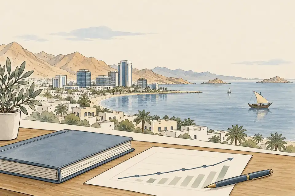 Illustration of a ledger and a rising line chart on a desk in front of a calm Gulf coastal town.
