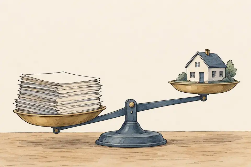 Illustration of a balance scale with a stack of blank papers weighing down one pan and a model house on the raised pan.